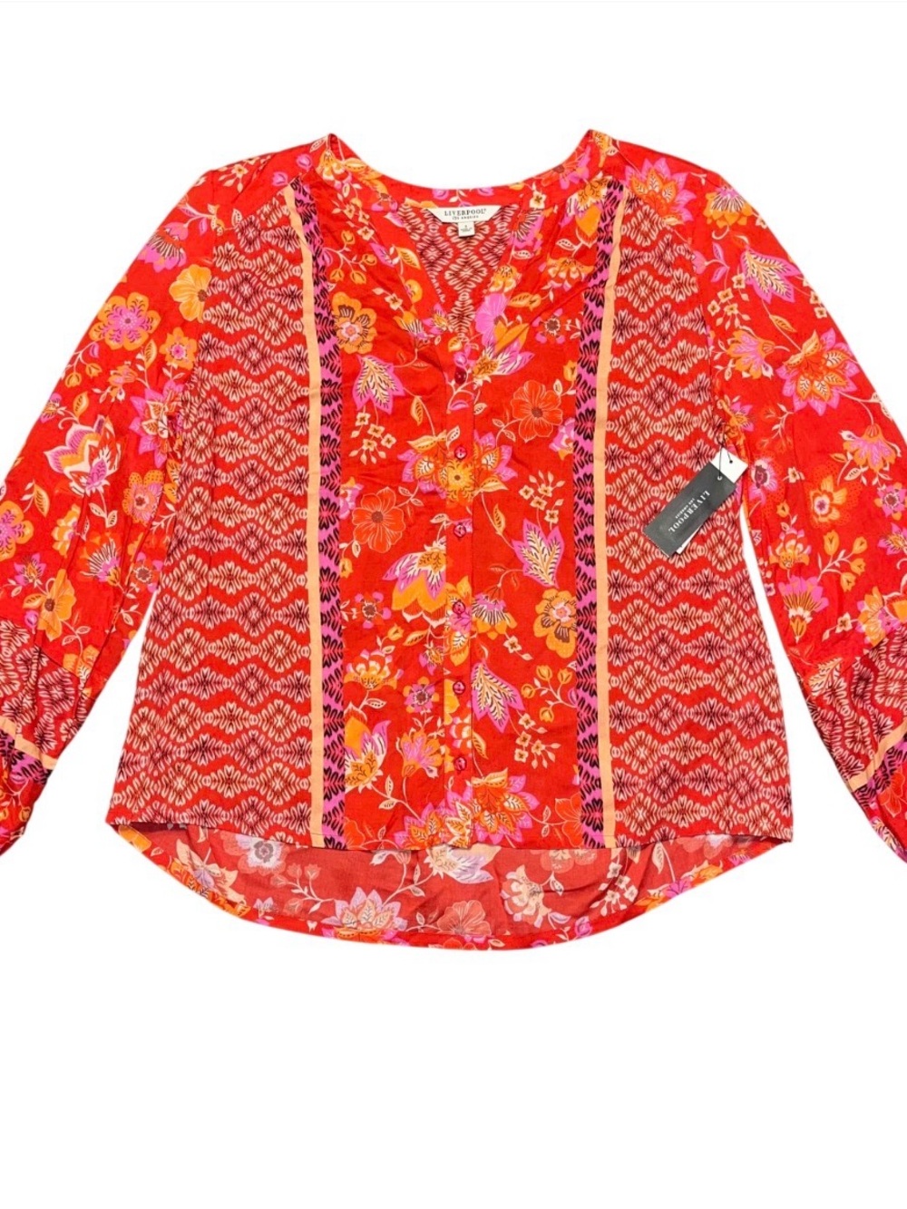 Liverpool LA Red Orange Floral Blouse V Neck Ladies Small NWT Long Sleeve Button